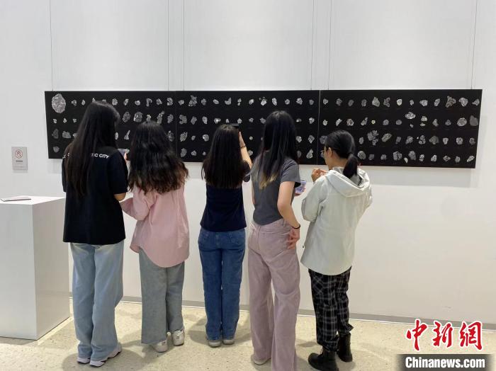 观展者欣赏从1500毫克重的月壤样品中挑选出的146个“大颗粒”景深合成显微照片。 吴兰 摄 观展者欣赏从1500毫克重的月壤样品中挑选出的146个“大颗粒”景深合成显微照片。 吴兰 摄